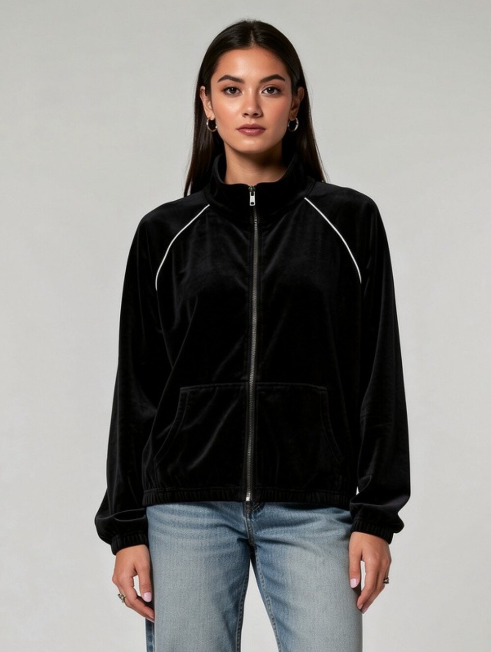 Y2K Bum Equipment Velour Zip-Front Jacket in Black